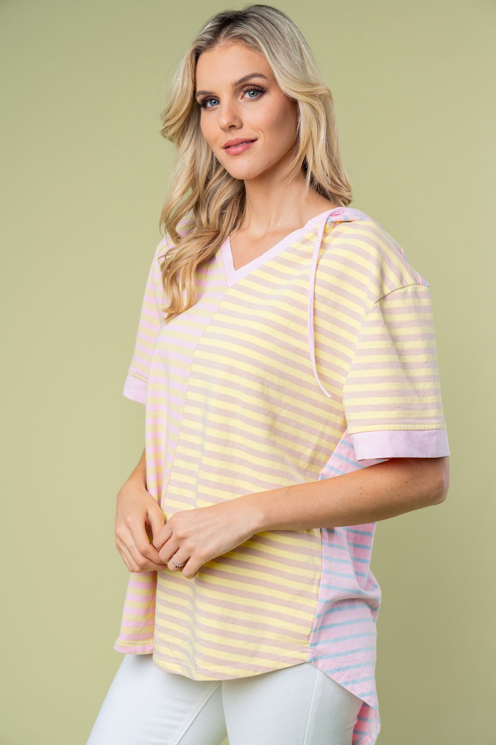 White Birch Full Size Striped Short Sleeve Drawstring Hooded Top *