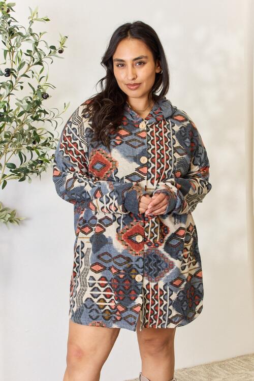Heimish Full Size Printed Button Up Hooded Jacket *
