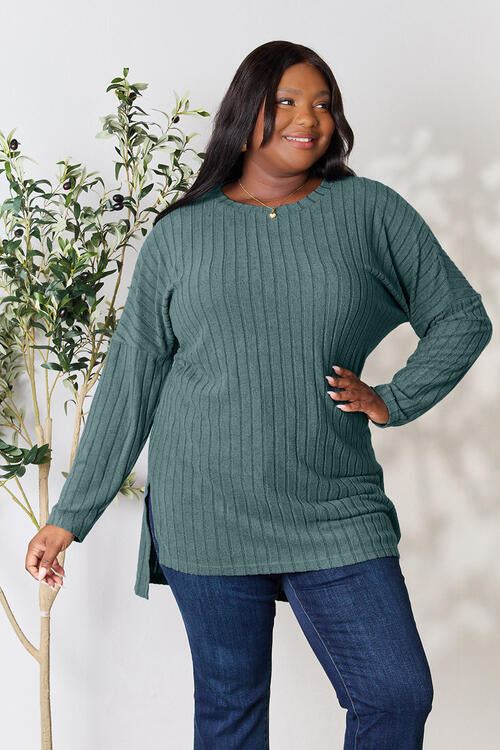 Basic Bae Full Size Ribbed Round Neck Long Sleeve Slit Top *