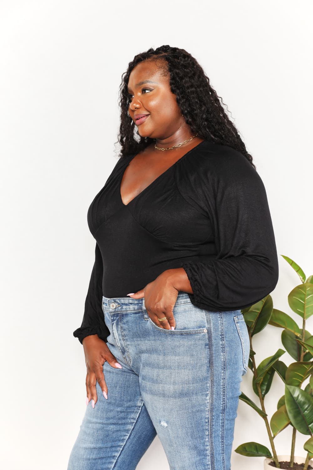 Culture Code Black Full Size V- Neck Bodysuit *