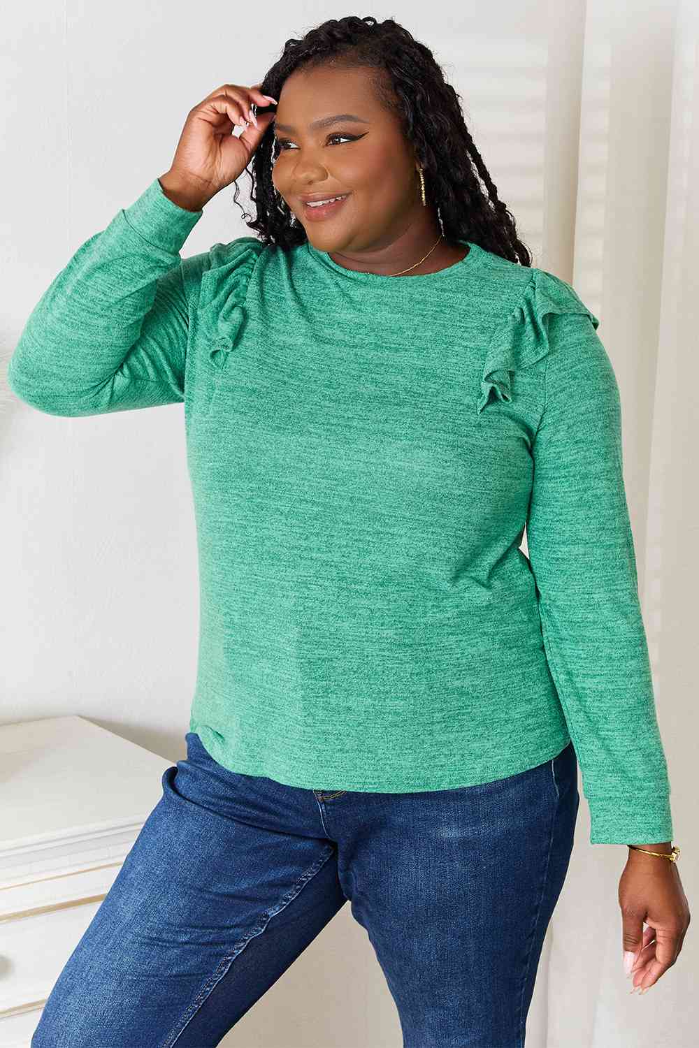 Double Take Ruffle Shoulder Long Sleeve T-Shirt *
