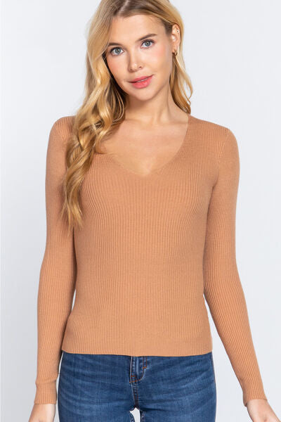 ACTIVE BASIC V-Neck Fitted Viscose Rib Knit Top *