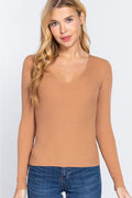 ACTIVE BASIC V-Neck Fitted Viscose Rib Knit Top *