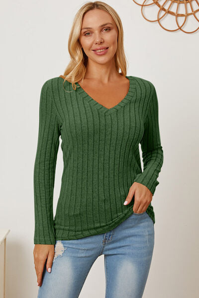 Basic Bae Full Size Ribbed V-Neck Long Sleeve T-Shirt *
