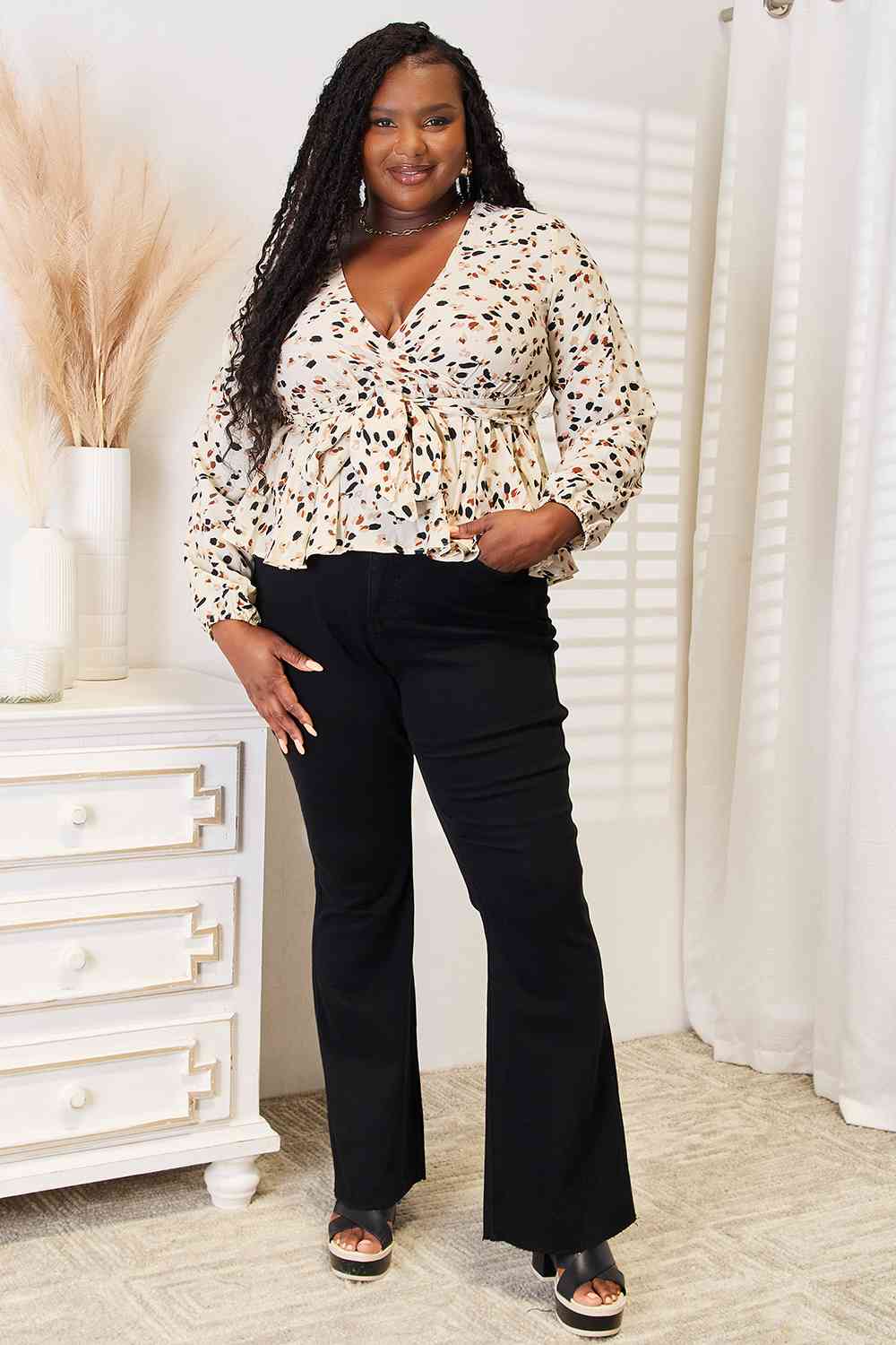Double Take Printed Tied Plunge Peplum Blouse *