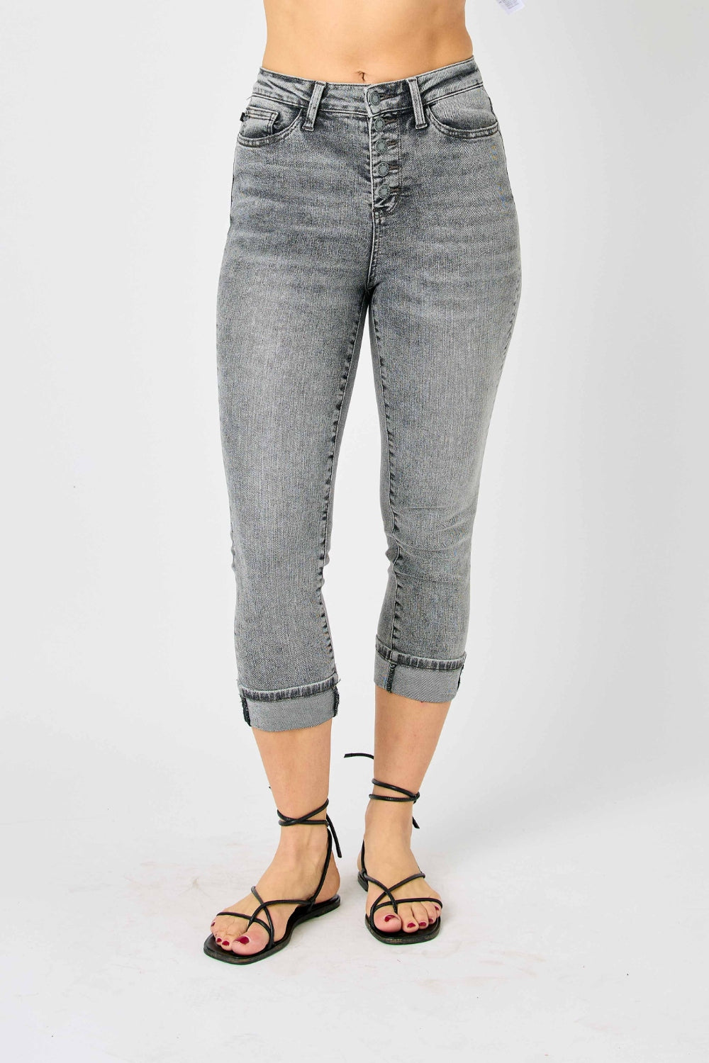 Judy Blue Full Size Button Fly High Waist Cuffed Capris Jeans *