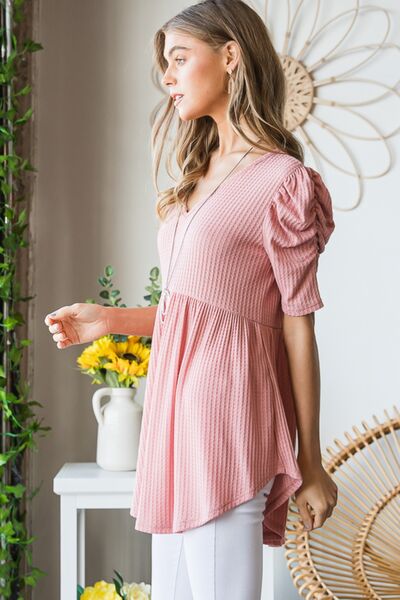 Heimish Full Size Waffle Knit V-Neck Babydoll Top *
