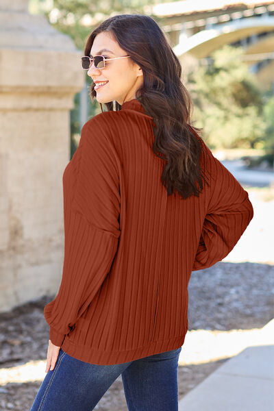 Basic Bae Full Size Ribbed Exposed Seam Mock Neck Knit Top *