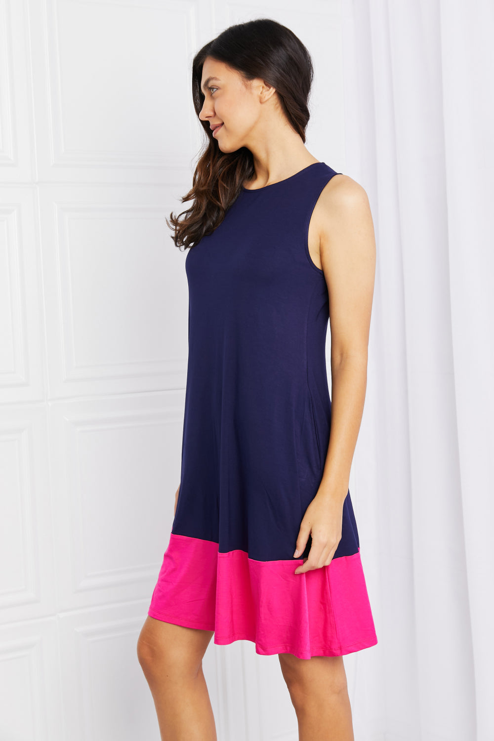 Yelete Full Size Two-Tone Sleeveless Mini Dress with Pockets *