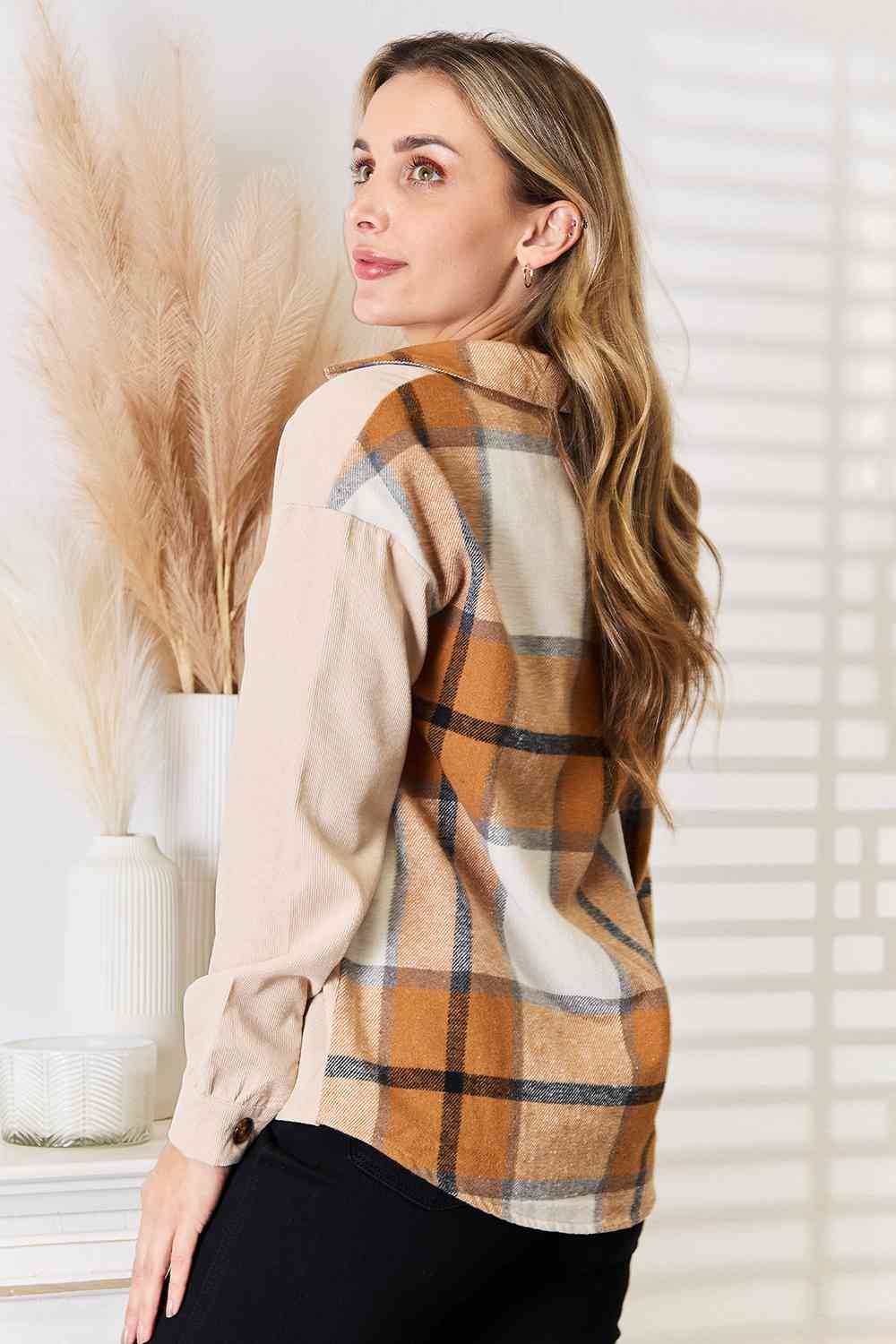 Double Take Plaid Print Dropped Shoulder Shirt *