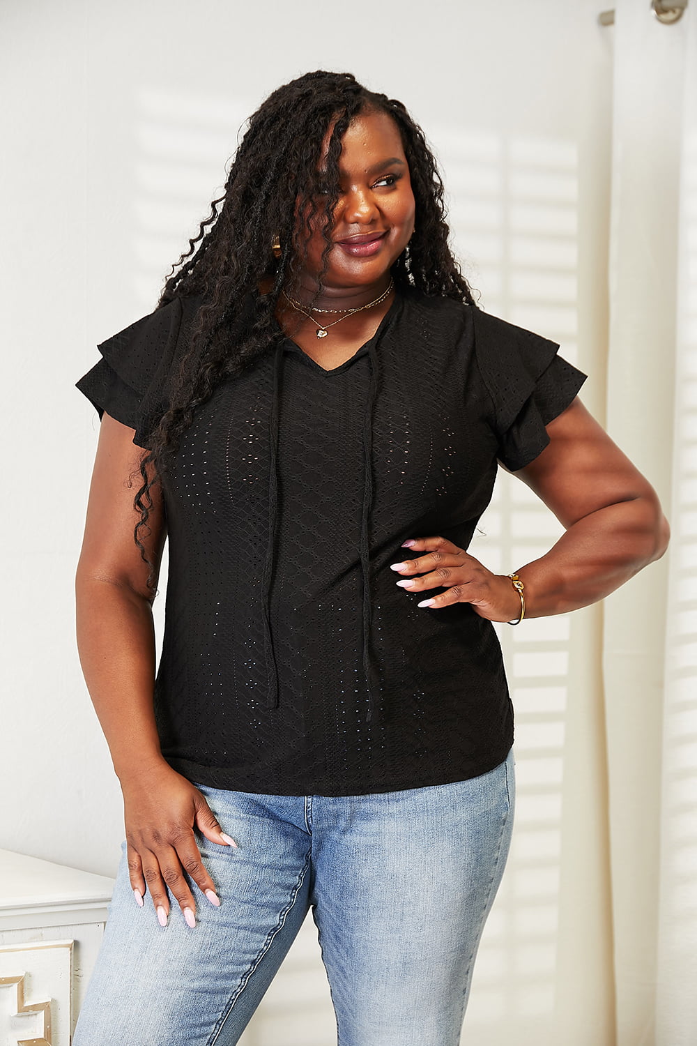 Double Take Black Full Size Eyelet Tie-Neck Flutter Sleeve Blouse *