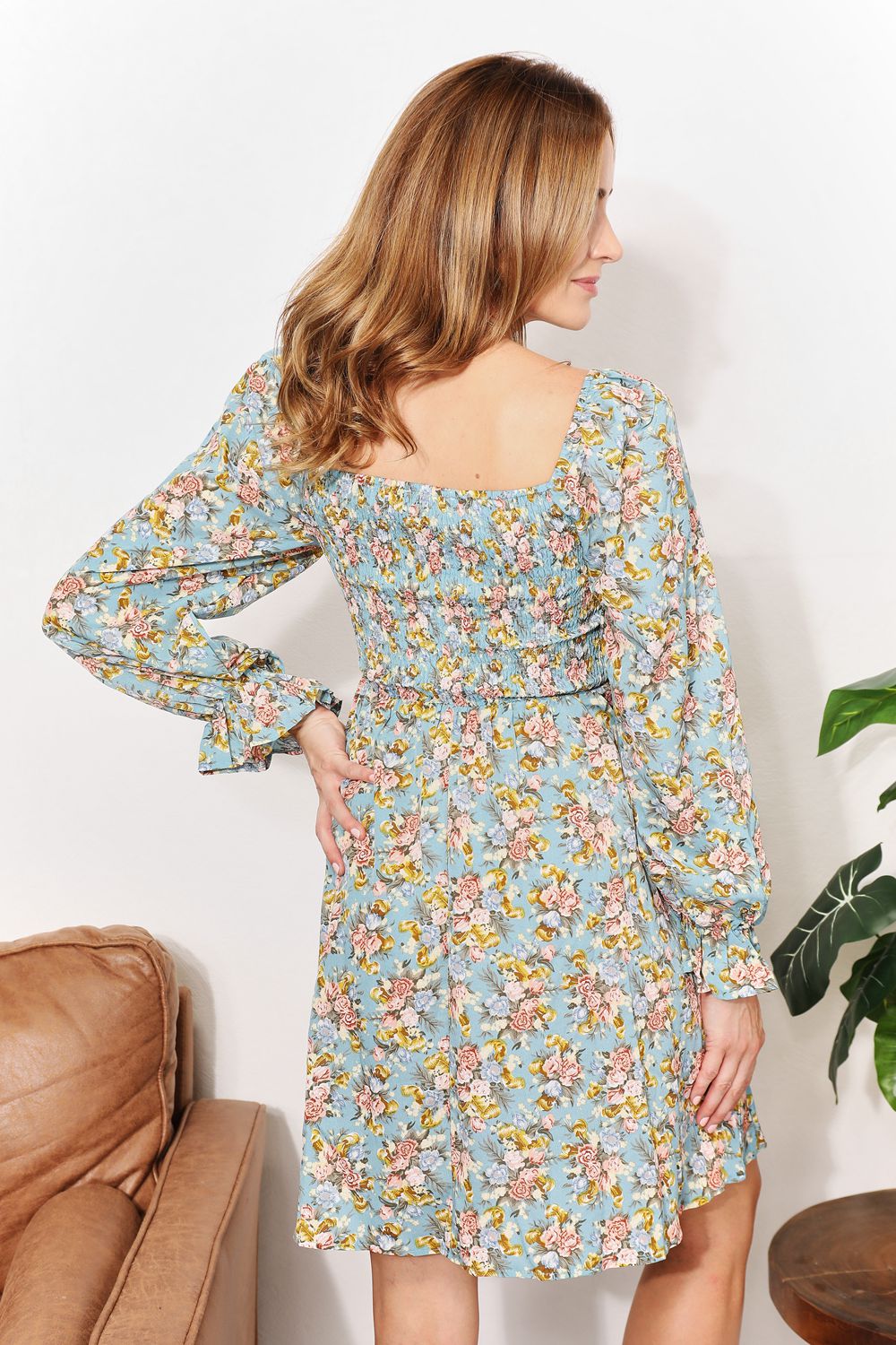 Double Take Floral Smocked Flounce Sleeve Square Neck Dress *