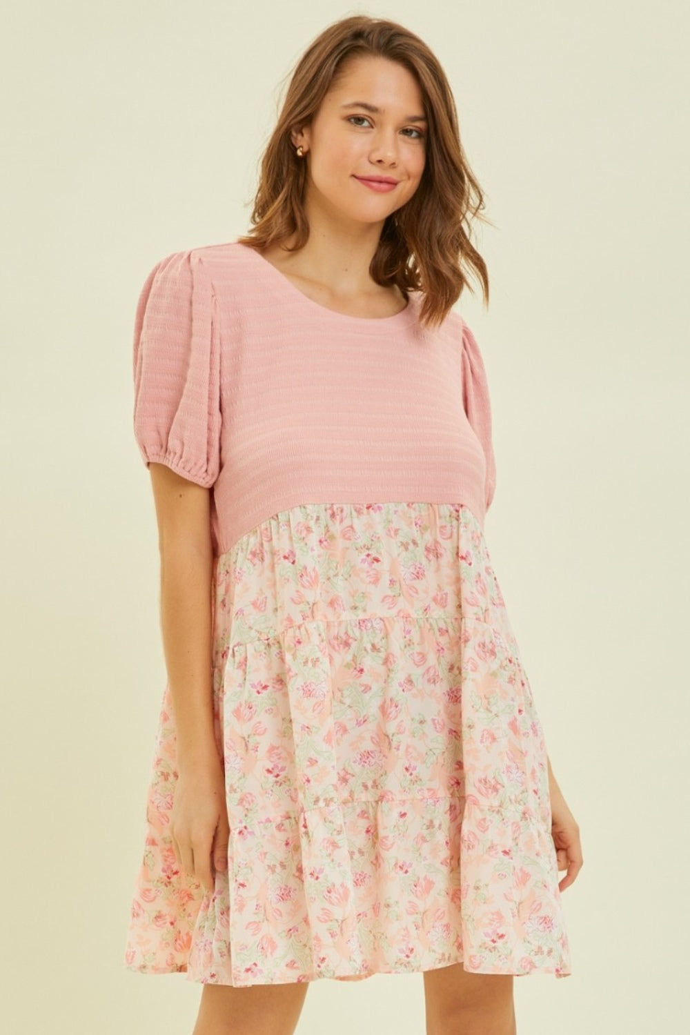 HEYSON Full Size Round Neck Floral Ruffle Hem Mini Dress *