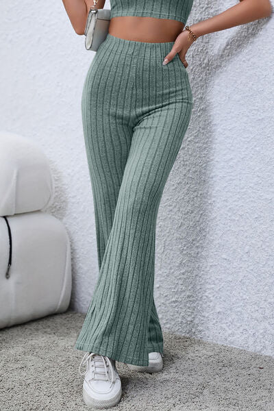 Basic Bae Full Size Ribbed High Waist Flare Pants *