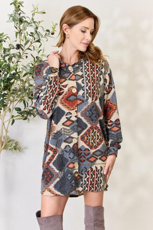 Heimish Full Size Printed Button Up Hooded Jacket *