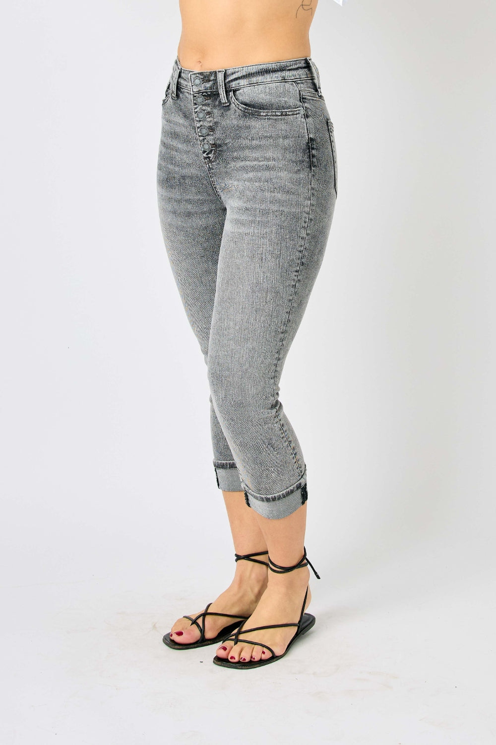 Judy Blue Full Size Button Fly High Waist Cuffed Capris Jeans *