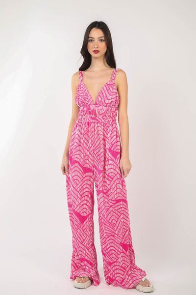 VERY J Printed Pleated Sleeveless Wide Leg Jumpsuit *