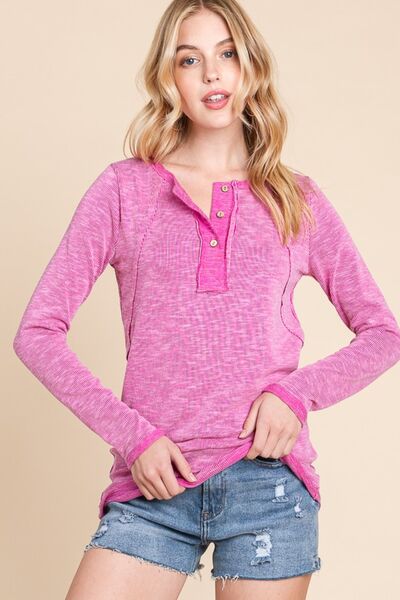 Reborn J Contrast Trim Half Button Long Sleeve T-Shirt *