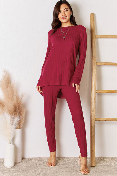 Basic Bae Full Size Ribbed Round Neck High-Low Slit Top and Pants Set *