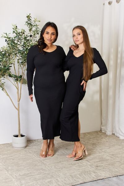 Culture Code Full Size Ribbed Long Sleeve Midi Slit Dress *