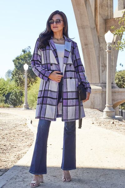 Double Take Full Size Plaid Button Up Lapel Collar Coat *