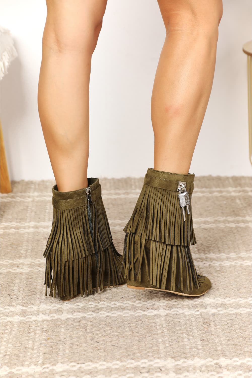 Legend Women's Tassel Wedge Heel Olive Ankle Boots *