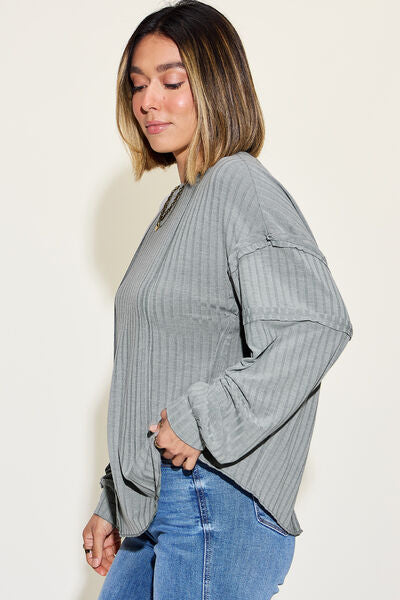Basic Bae Full Size Ribbed Round Neck Long Sleeve T-Shirt *
