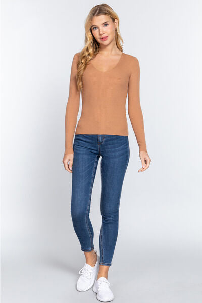 ACTIVE BASIC V-Neck Fitted Viscose Rib Knit Top *