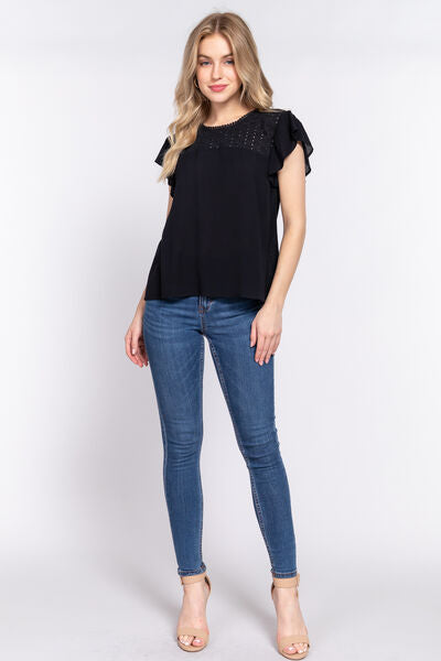 ACTIVE BASIC Ruffle Short Sleeve Crochet Blouse *