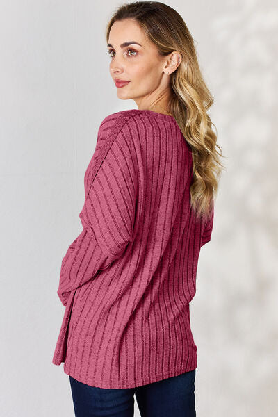 Basic Bae Full Size Ribbed Half Button Long Sleeve T-Shirt *