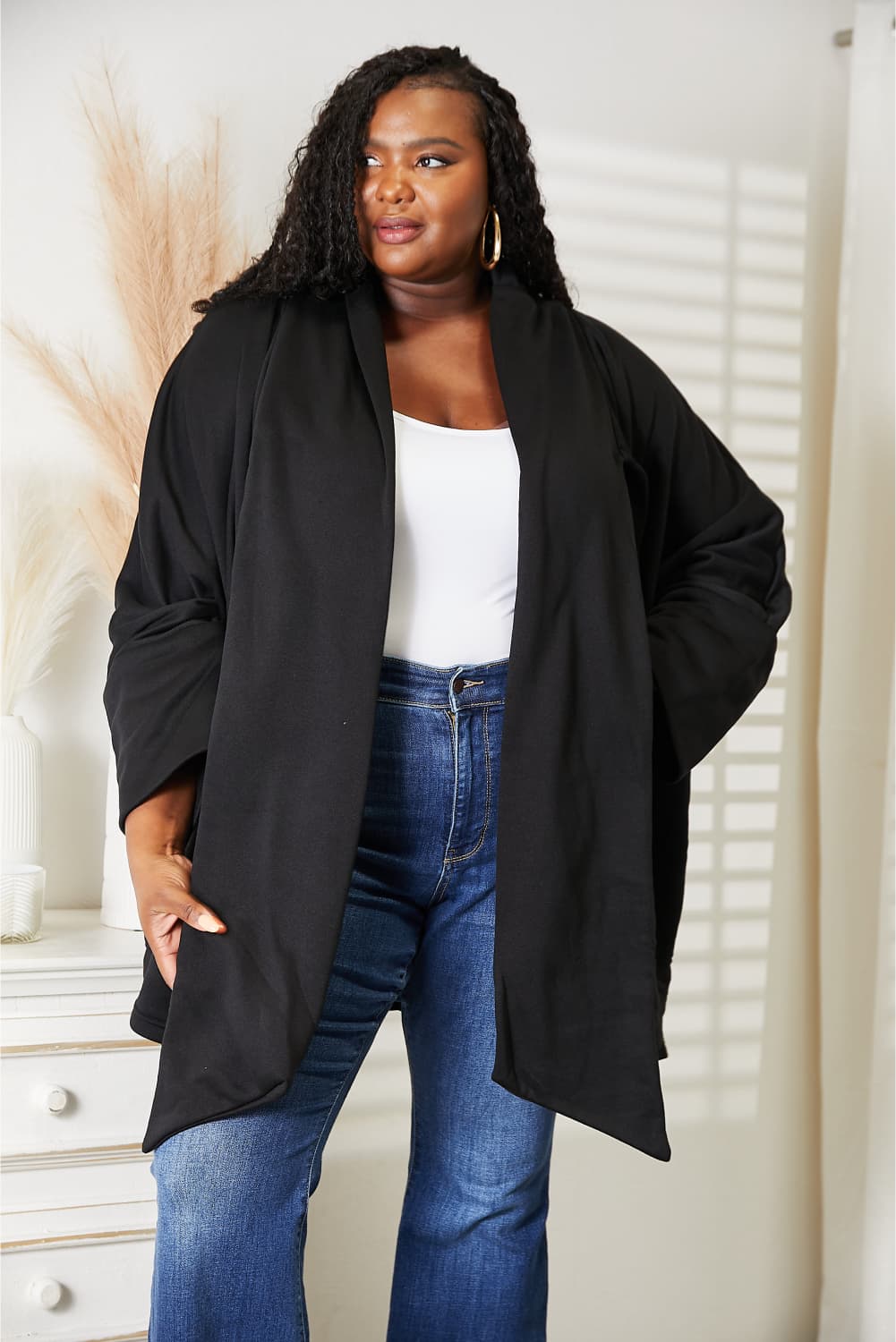 HEYSON Full Size Open Front Black Cardigan with Scarf Design *