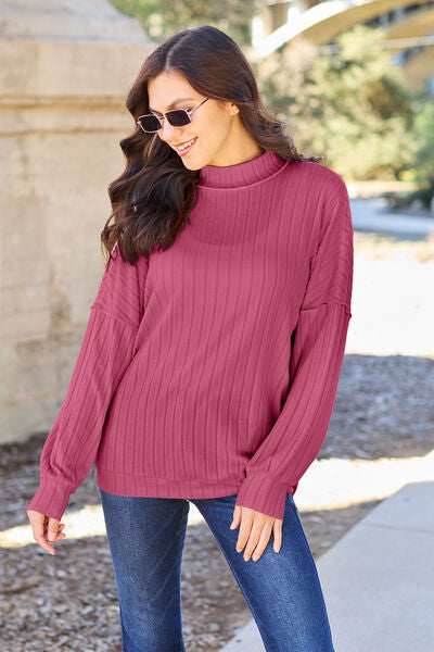 Basic Bae Full Size Ribbed Exposed Seam Mock Neck Knit Top *