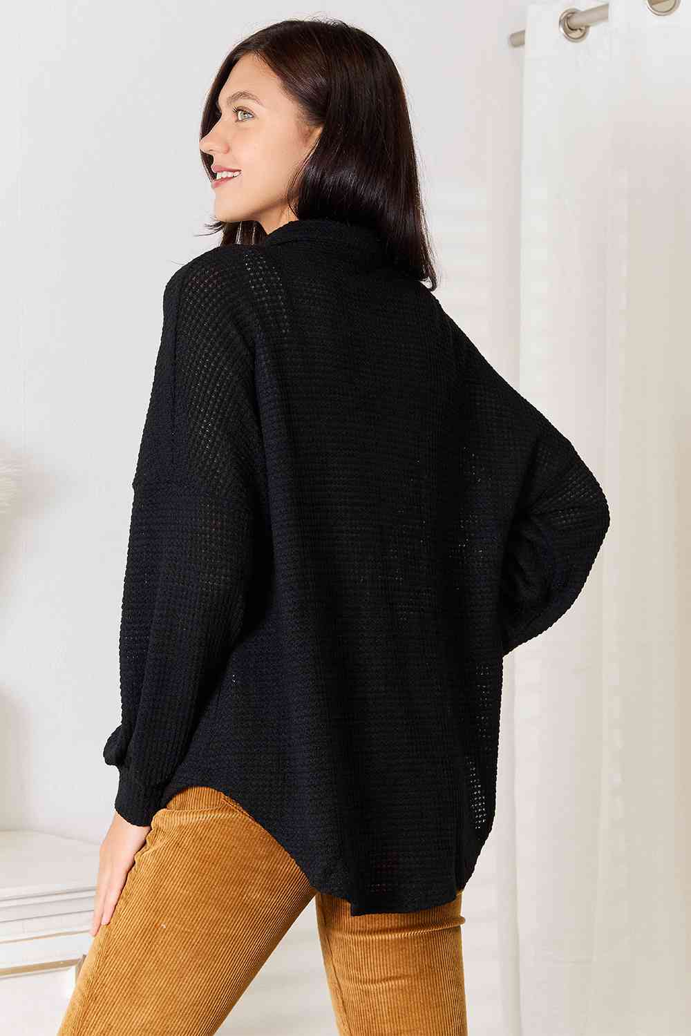 Double Take Waffle-Knit Collared Neck Dropped Shoulder Shirt *