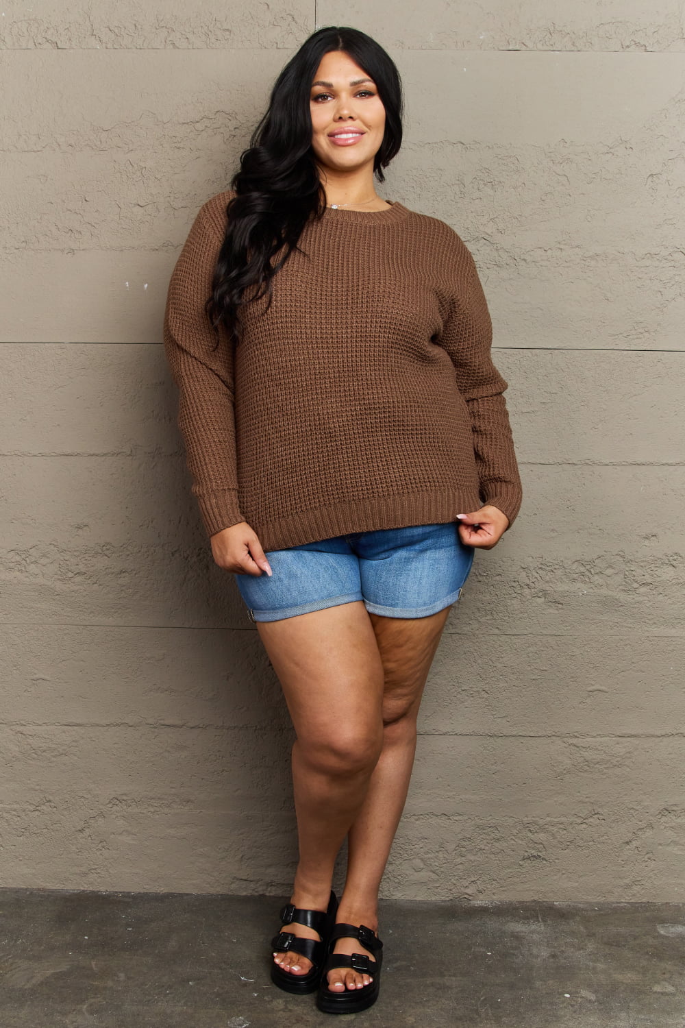 Zenana Breezy Days Plus Size High Low Waffle Knit Sweater *