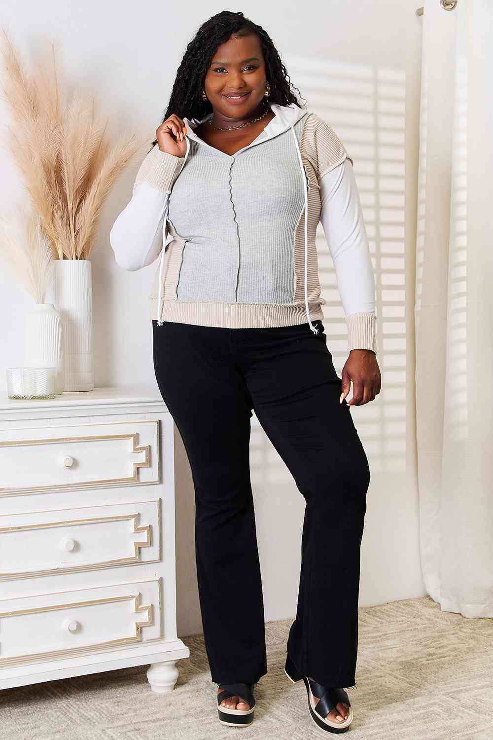 Double Take Color Block Exposed Seam Drawstring Hoodie *