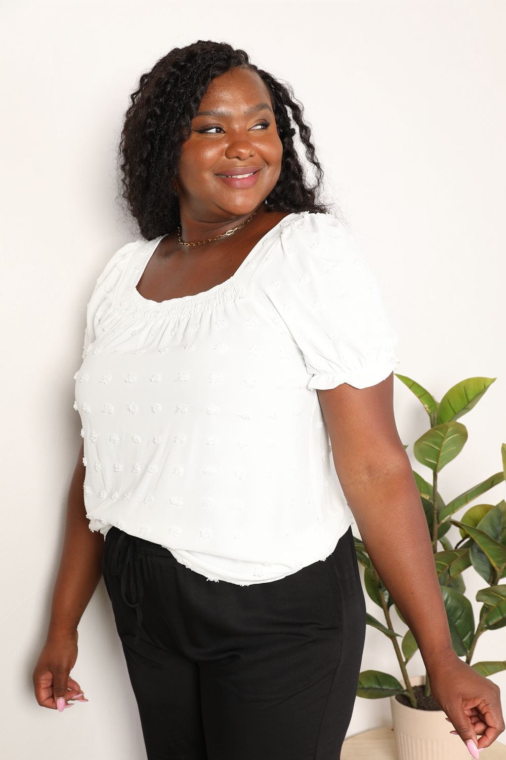 Double Take Full Size White Swiss Dot Puff Sleeve Square Neck Blouse *