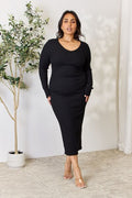 Culture Code Full Size Ribbed Long Sleeve Midi Slit Dress *