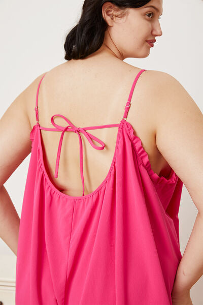 Double Take Full Size Ruffle Trim Tie Back Cami Jumpsuit with Pockets *