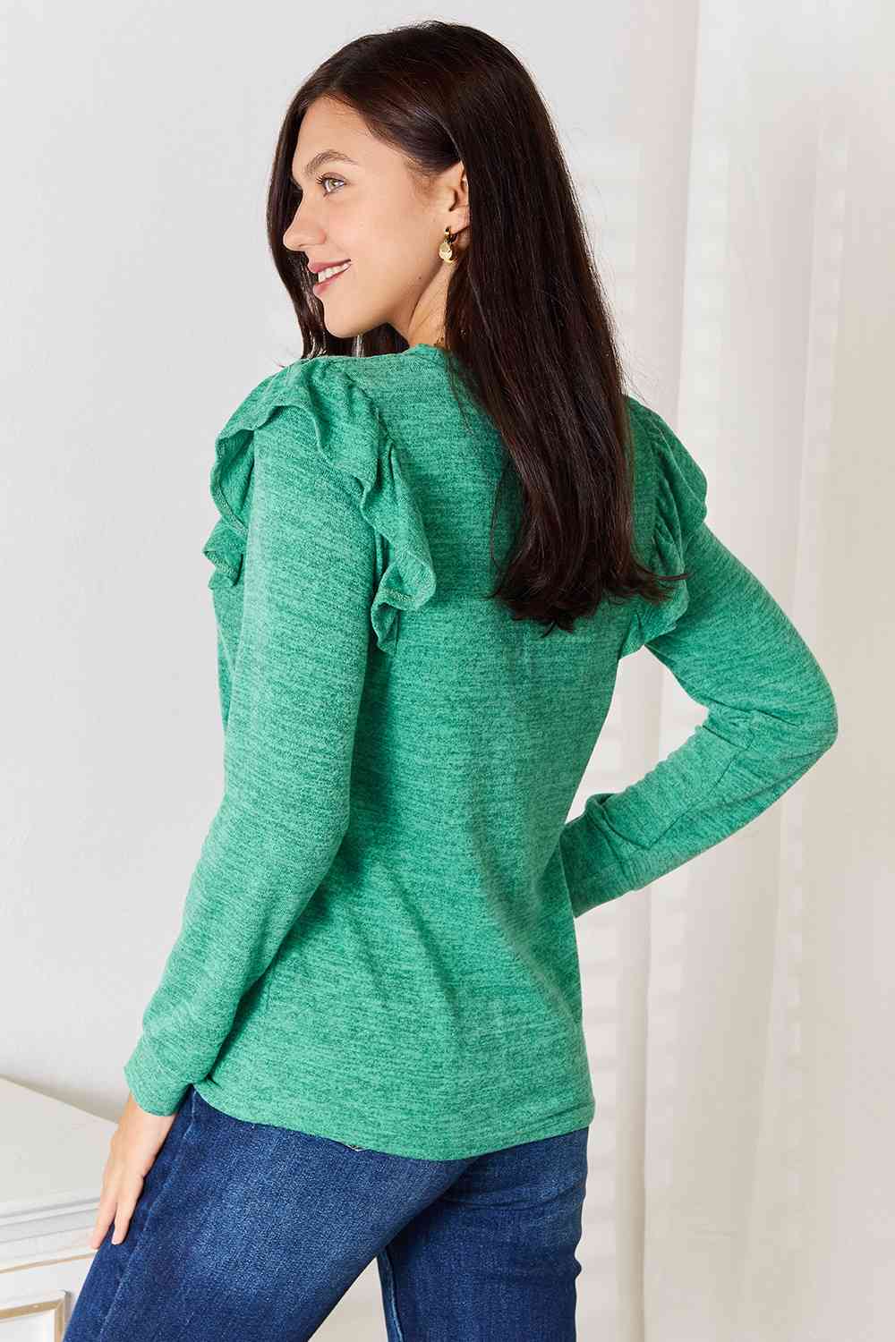 Double Take Ruffle Shoulder Long Sleeve T-Shirt *