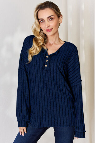 Basic Bae Full Size Ribbed Half Button Long Sleeve T-Shirt *