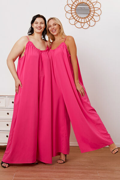 Double Take Full Size Ruffle Trim Tie Back Cami Jumpsuit with Pockets *