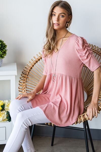Heimish Full Size Waffle Knit V-Neck Babydoll Top *