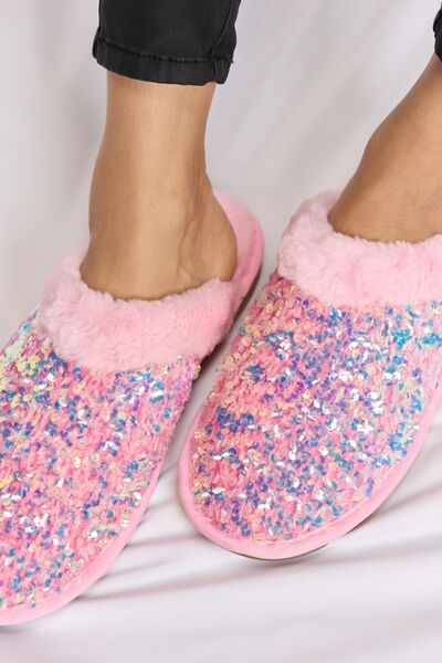 Forever Link Pink Sequin Plush Round Toe Slippers *