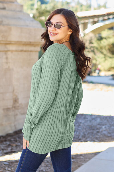 Basic Bae Full Size Ribbed Round Neck Long Sleeve Knit Top *
