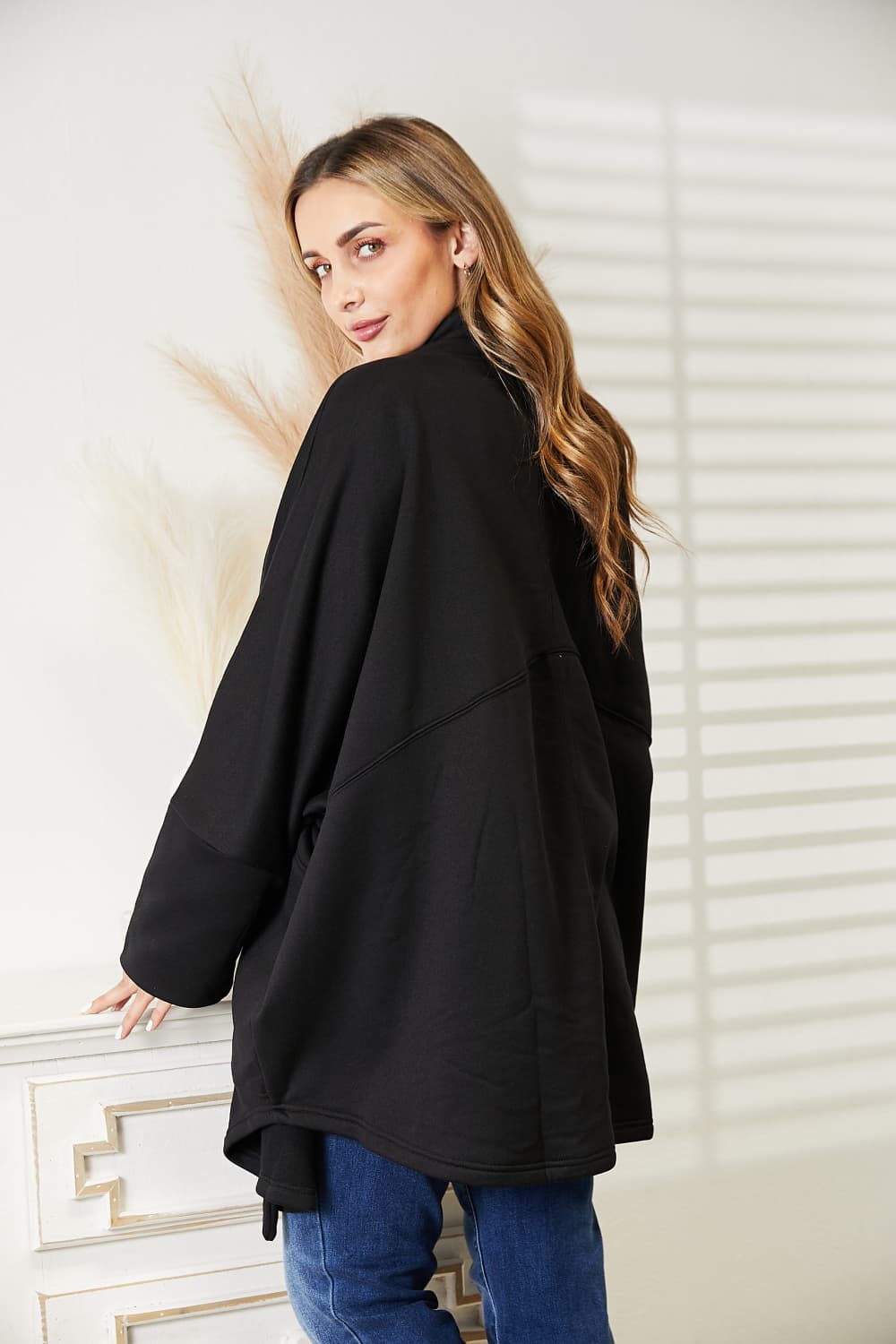 HEYSON Full Size Open Front Black Cardigan with Scarf Design *