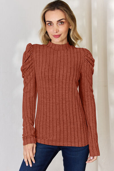 Basic Bae Full Size Ribbed Mock Neck Puff Sleeve T-Shirt *