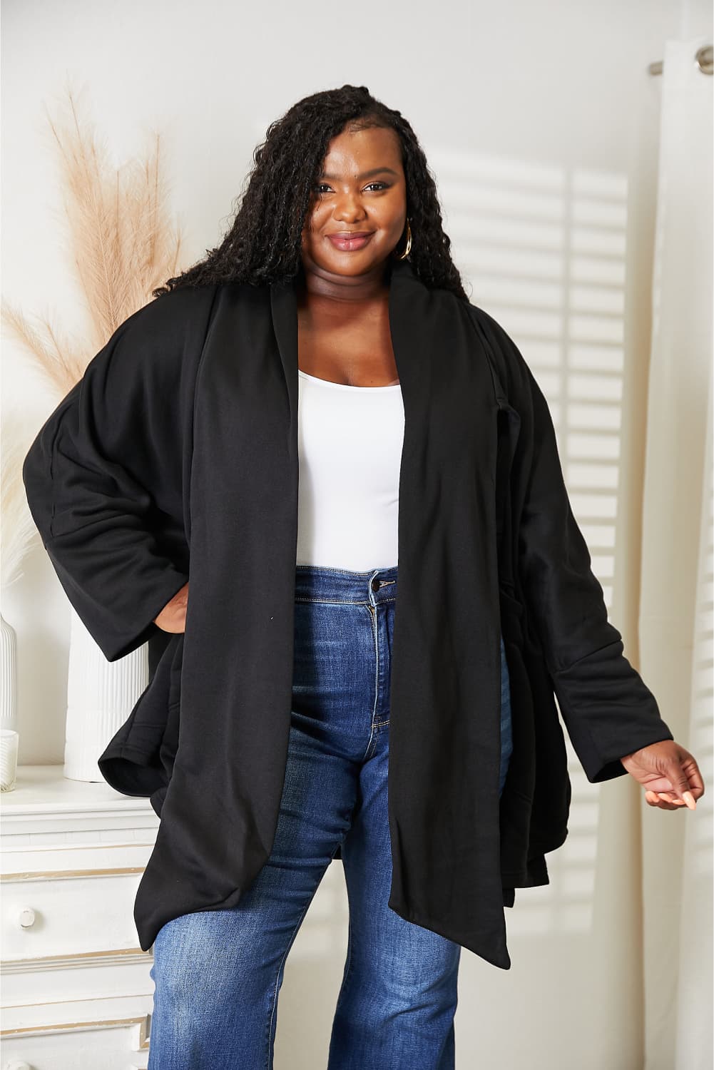 HEYSON Full Size Open Front Black Cardigan with Scarf Design *