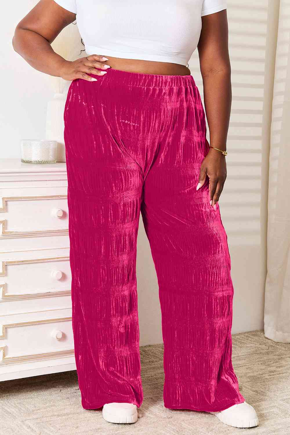 Double Take Full Size High Waist Tiered Shirring Velvet Wide Leg Pants *