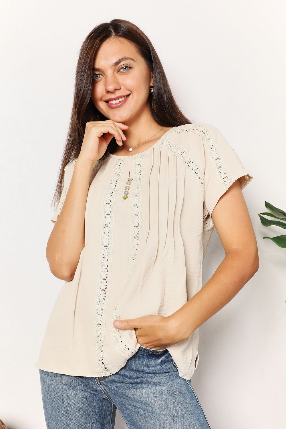 Double Take Pastel Yellow Full Size Crochet Buttoned Short Sleeves Top *