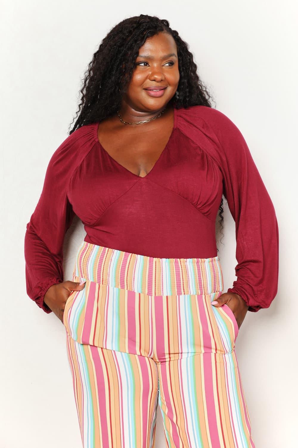Culture Code Wine Full Size V-Neck Bodysuit *